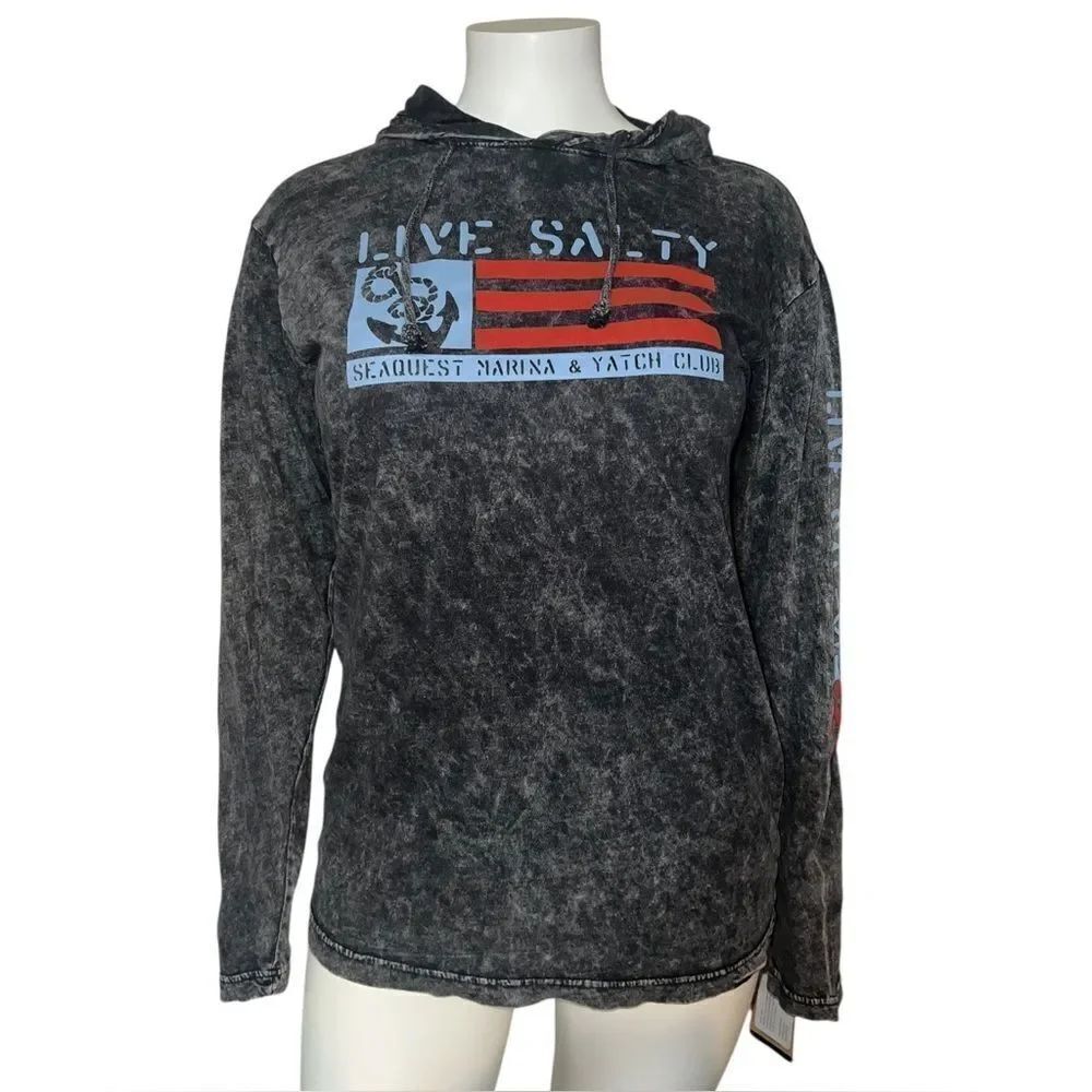 MV Sport Mens Graphite Gray Tie-Dye Hoodie T-Shirt Long Sleeve Live Salty Large